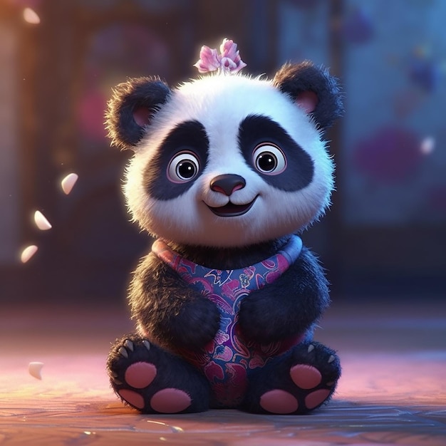 Un panda avec un nœud rose sur la tête est assis sur une scène.