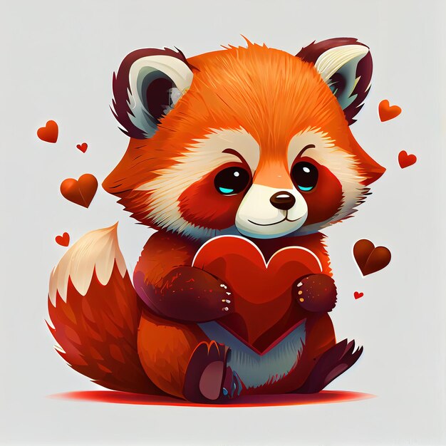 Panda orange AIwatercolor génératif avec un coeur rouge