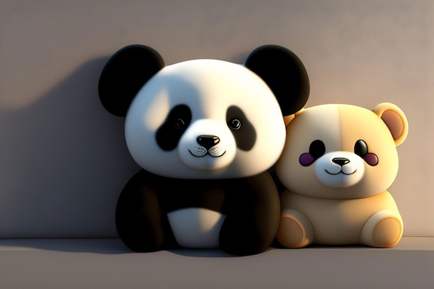 Un panda et un ours en peluche sont assis l'un à côté de l'autre.