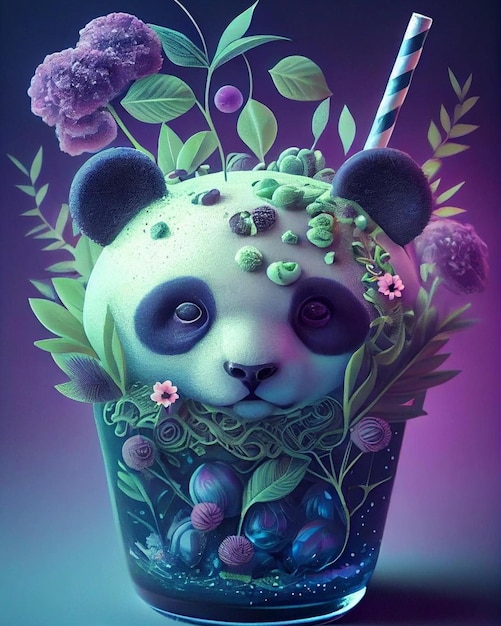 Un panda avec une paille et des fleurs