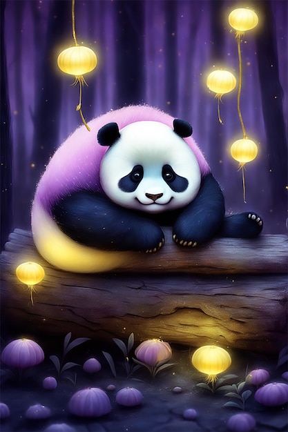 Photo le panda paresseux et gras se repose sur un tronc de bois. particule de conduit brillant. lumière de lune jaune.