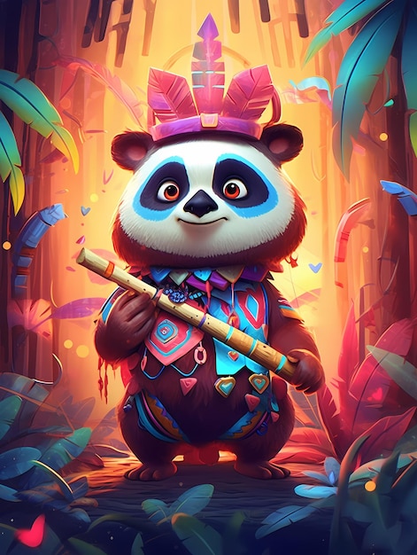 Un panda avec une pipe à la main est dans les bois.