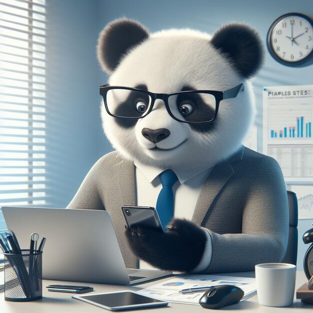 Photo un panda portant des lunettes faisant des affaires avec un ordinateur portable