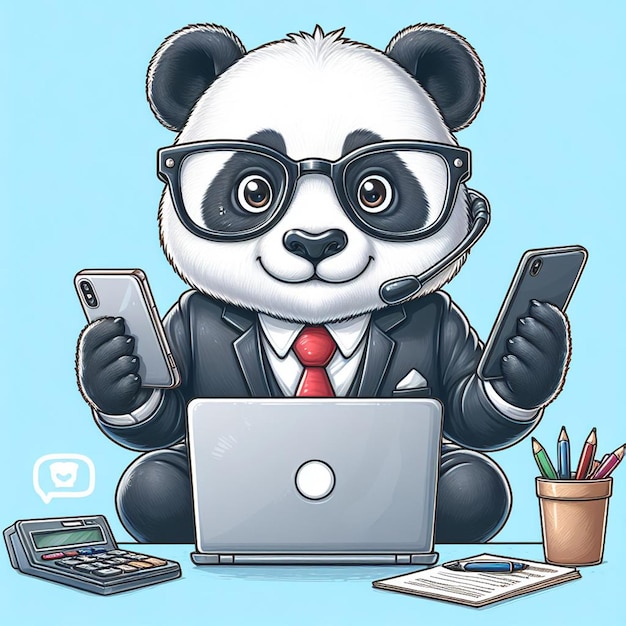 un panda portant des lunettes faisant des affaires avec un ordinateur portable