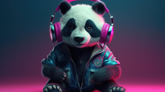 Un panda portant une veste et des écouteurs est assis devant un fond de couleur néon.