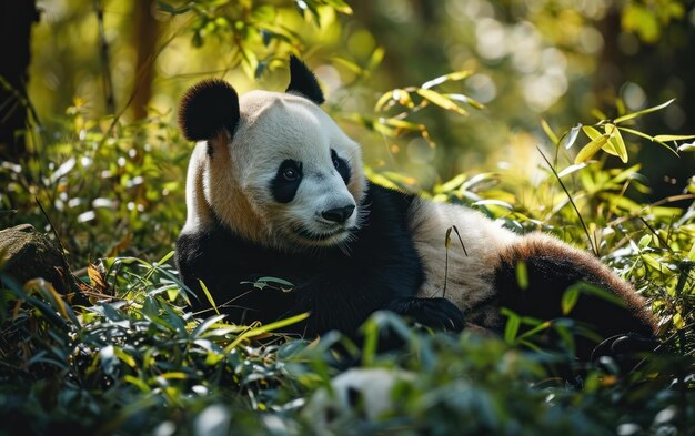 Un panda qui se détend sur un sol de forêt éclairé par le soleil