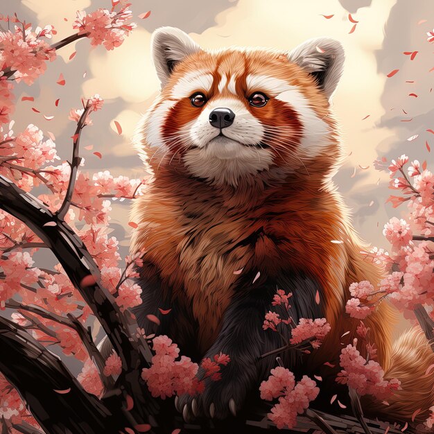 Photo un panda rouge drôle sur un fond de sakura en fleur