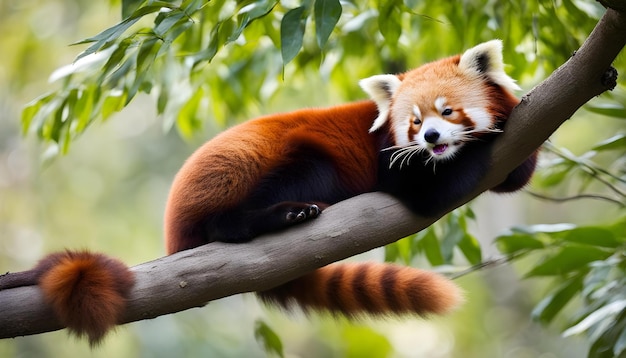 un panda rouge est assis sur une branche d'arbre