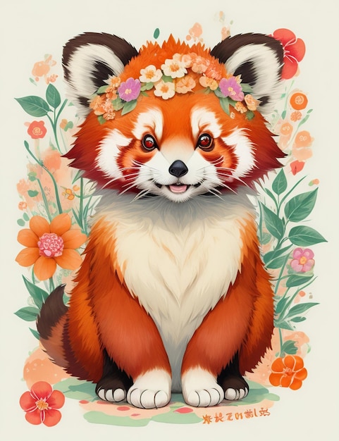 Un panda rouge mignon avec des fleurs de fantaisie