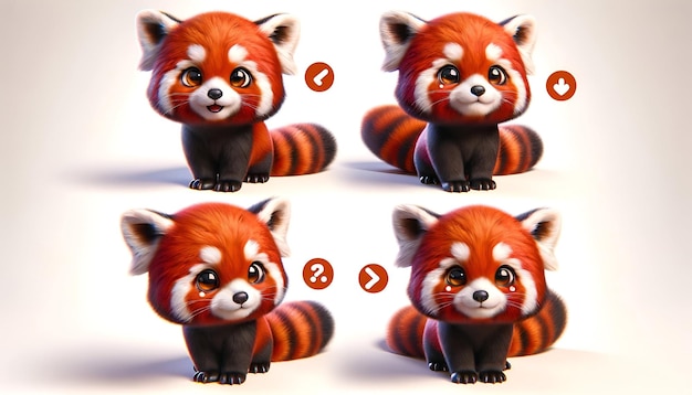panda rouge mignon illustré dans quatre angles chacun avec une expression unique sur un fond blanc