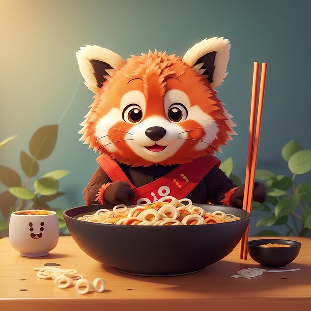 Photo le panda rouge mignon mangeant du ramen noodle icône vectorielle de dessin animé illustration icône de nourriture animale concept isolé premium vector flat cartoon style