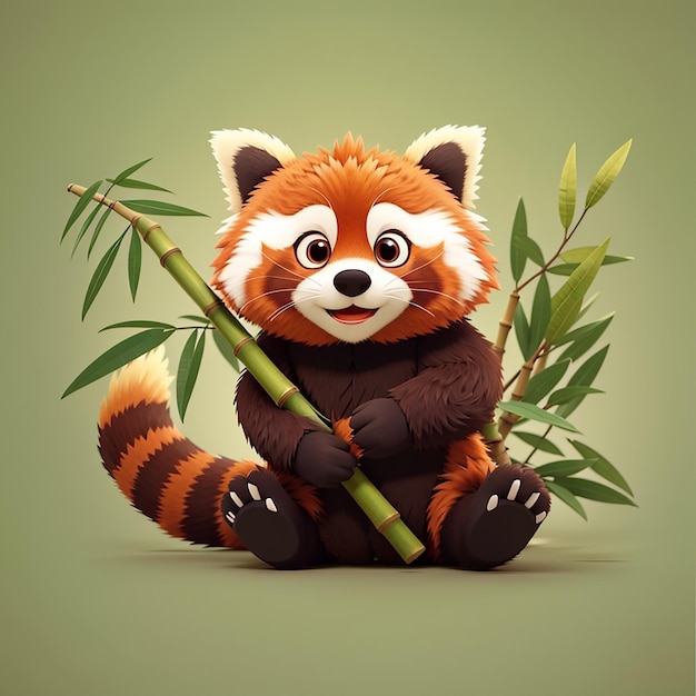 Le panda rouge mignon se bat à l'aide d'une icône vectorielle de dessin animé en bambou.