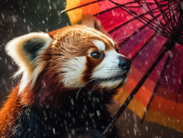Un panda rouge avec un parapluie sous la pluie