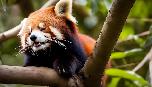 un panda rouge avec sa bouche ouverte sur une branche d'arbre