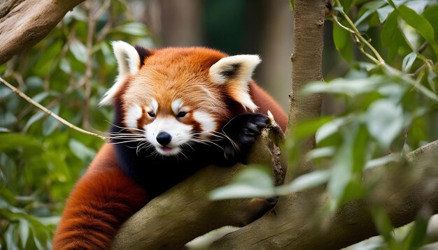 un panda rouge avec un visage blanc et ses yeux fermés