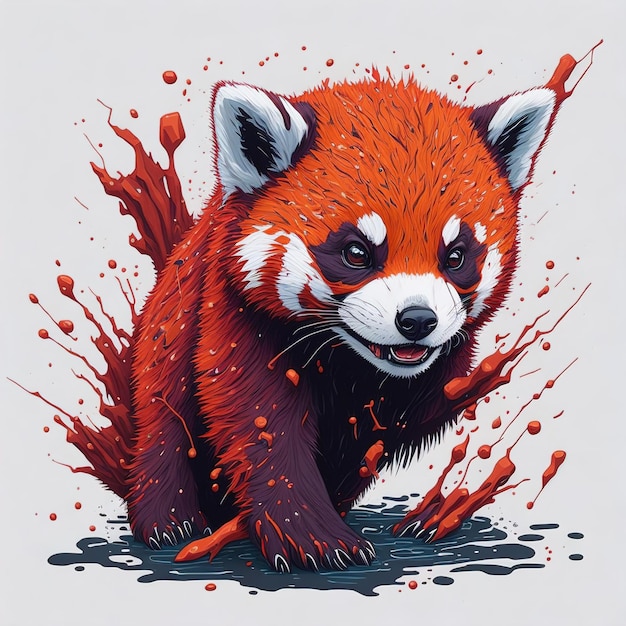 Un panda roux court dans l'eau et c'est une peinture d'un panda roux.