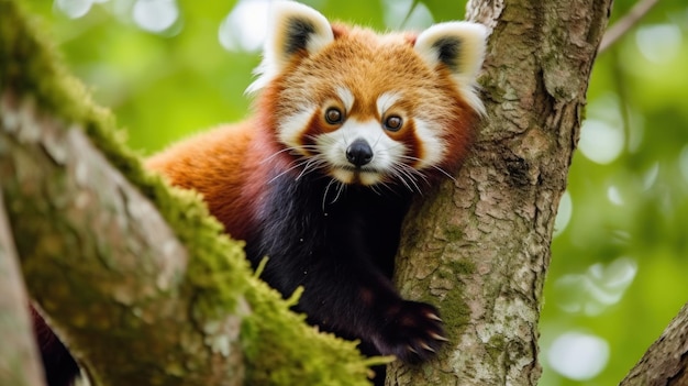 Un panda roux énergique grimpant à un arbre généré par l'IA