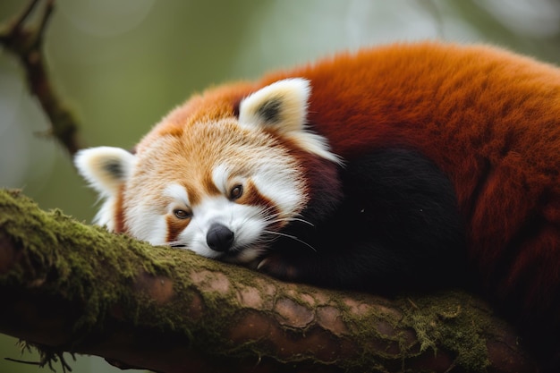 Un panda roux est assis sur une branche d'arbre.