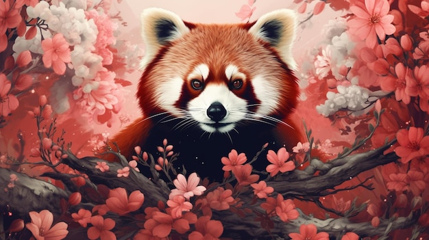 Un panda roux sur fond rose