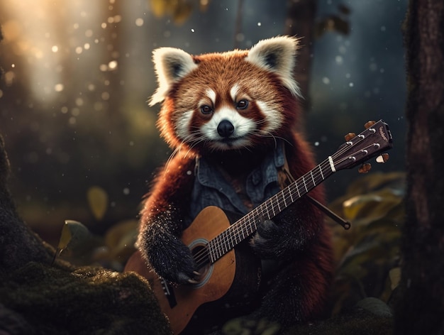 Un panda roux joue de la guitare dans la forêt.