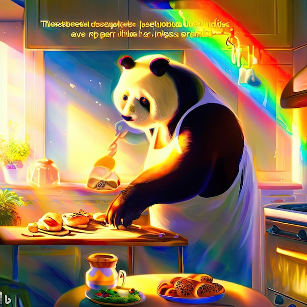 Panda se prépare pour le petit déjeuner dans la cuisine
