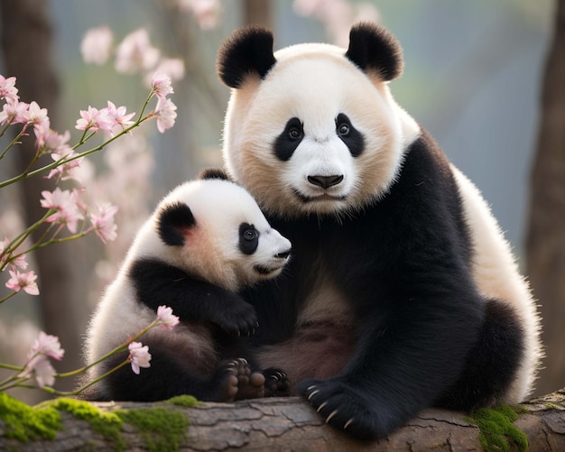 un panda et son petit sont assis sur une branche d'arbre