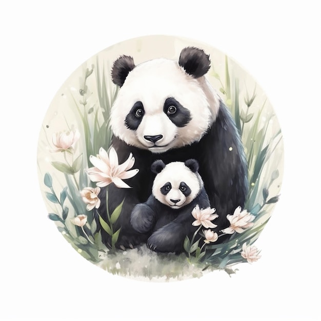 Un panda et son petit sont assis dans l'herbe.