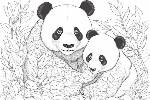 Un panda et son petit sont assis dans une jungle.
