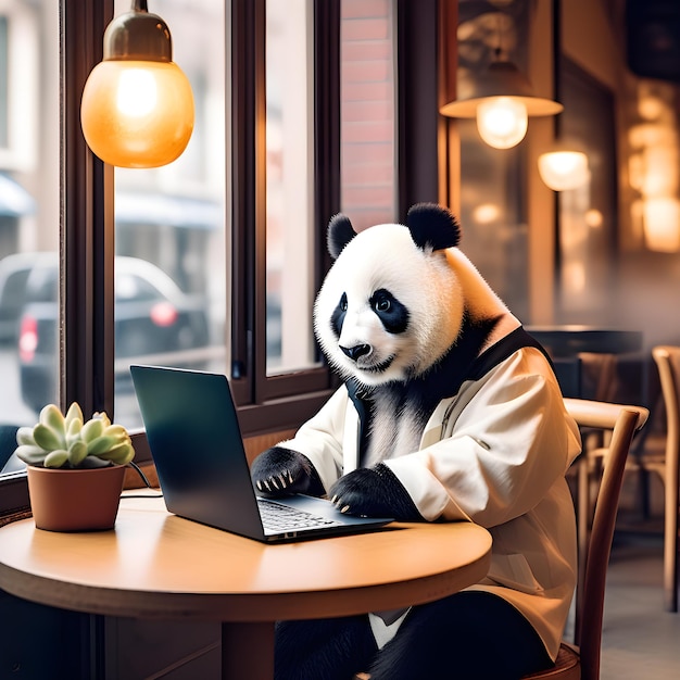 le panda travaille sur un ordinateur portable dans un café