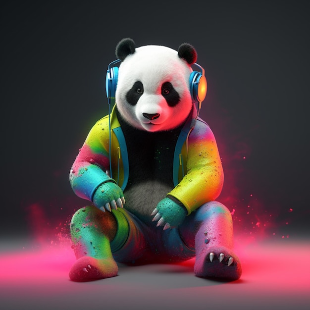 Un panda avec une veste arc-en-ciel et des écouteurs.