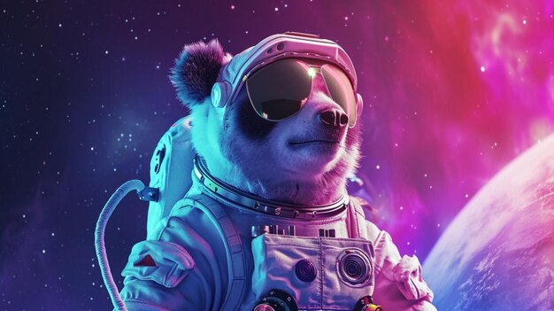 Panda vêtu d'un costume d'astronaute avec des lunettes de soleil Arrière-plan de l'étoile de la galaxie magique Génératif Ai