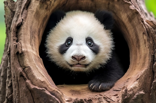 un panda avec un visage noir et un visage blanc avec des yeux noirs