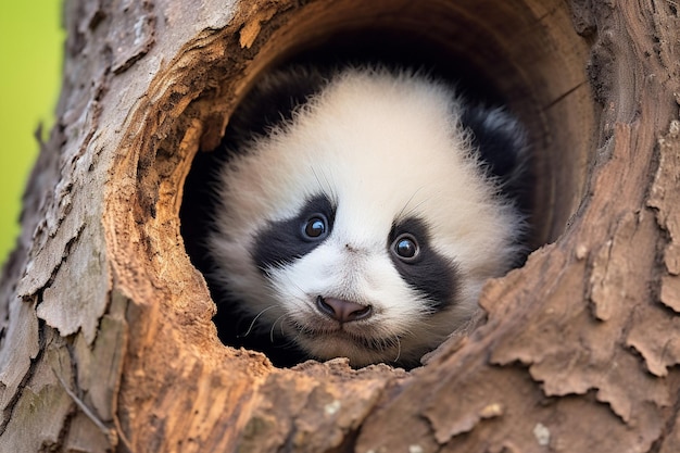 un panda avec un visage noir et des yeux bleus regarde dans un trou dans un arbre