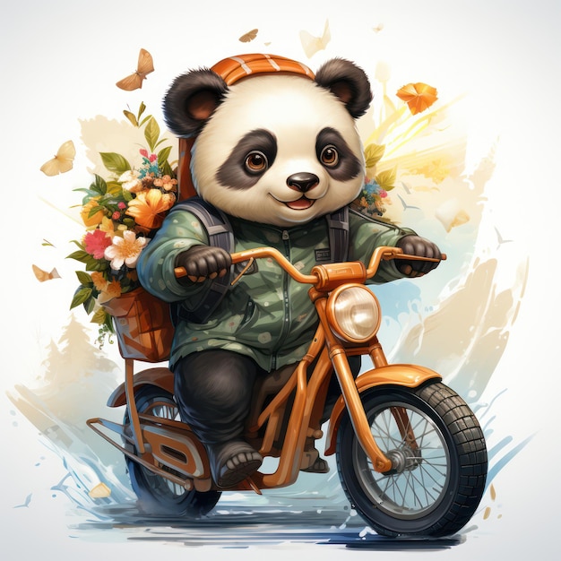 Panda voyageant sur une illustration de moto