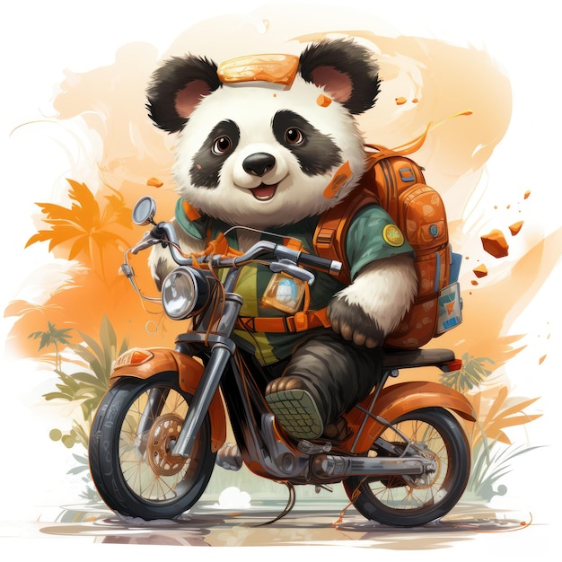 Panda voyageant sur une illustration de moto