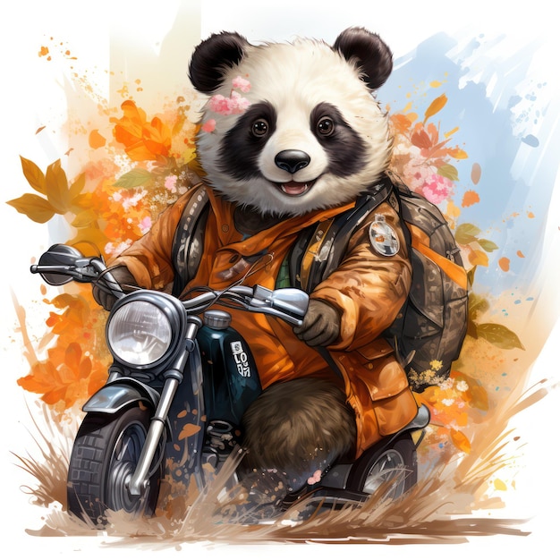 Panda voyageant sur une illustration de moto