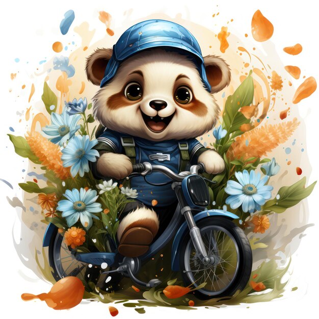 Panda voyageant sur une illustration de moto