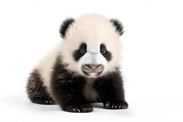 Un panda avec des yeux noirs et un fond blanc