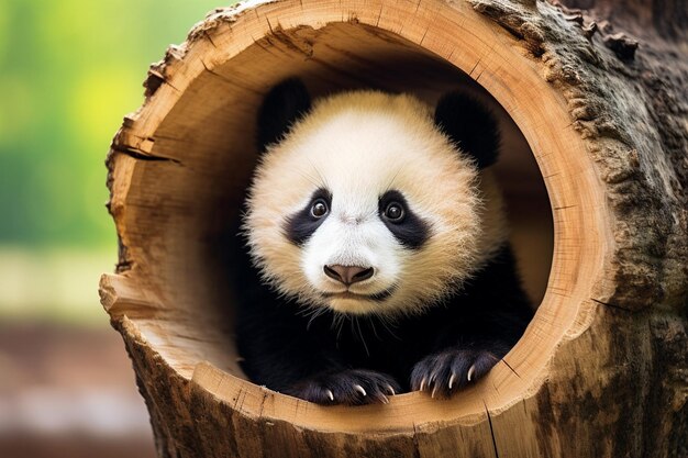 un panda avec des yeux noirs et un visage noir et blanc