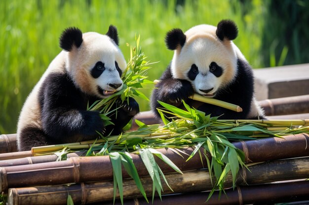 Photo des pandas adorables qui mâchent du bambou.