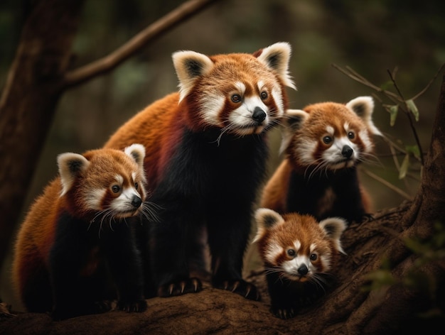 Pandas rouges dans une forêt avec une branche d'arbre