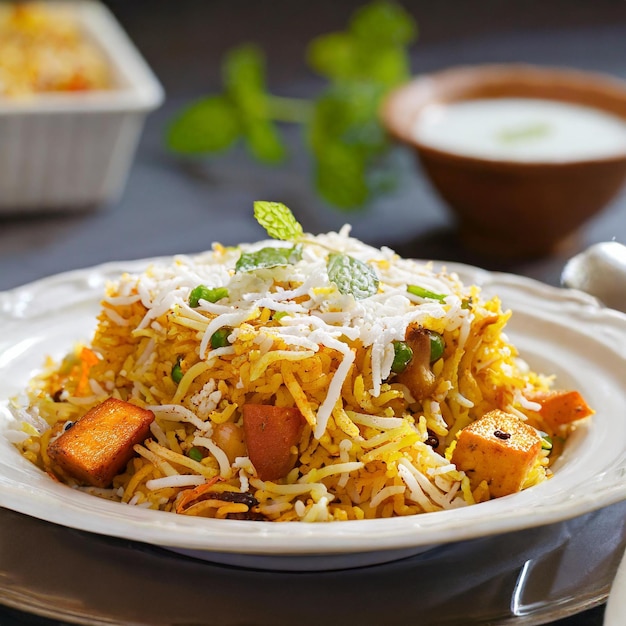 Paneer biriyani sur une assiette