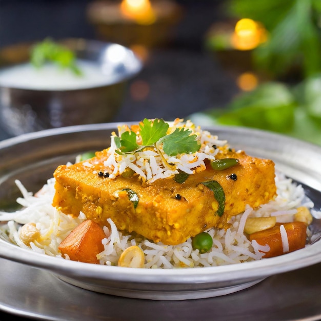 Paneer biriyani sur une assiette