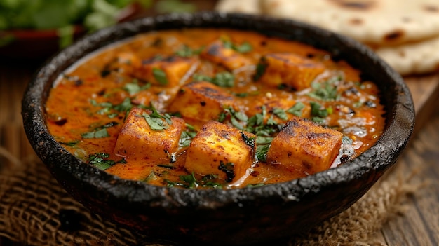 Paneer indien masala au beurre avec naan à l'ail dans un dhaba