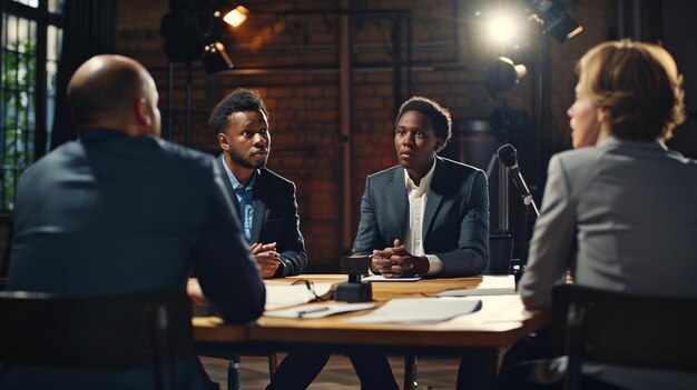 Photo panel d'interviews de candidats divers à une table en bois