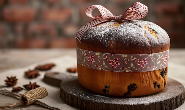 Photo un panettone fraîchement cuit orné d'un ruban décoratif se dresse sur un fond de brique rustique