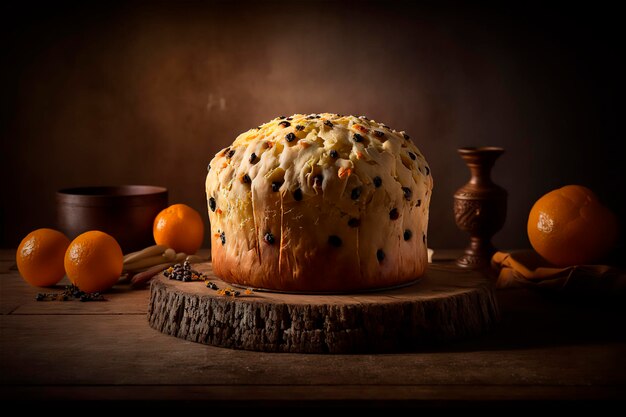 Panettone italien fait maison sur une table en bois rustique Gâteau de Noël traditionnel aux fruits confits généré par l'IA