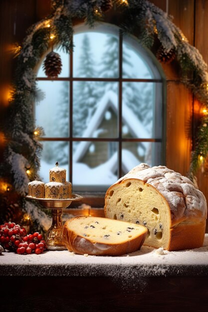 un Panettone de Natal fraîchement cuit sur une table en bois rustique entourée de décorations de Noël et