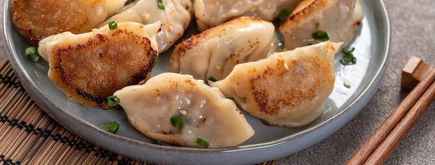 Panfried gyoza dumpling jiaozi dans une assiette avec de la sauce soja sur fond de table gris