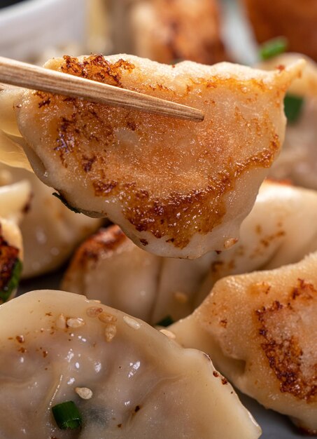 Panfried gyoza dumpling jiaozi dans une assiette avec de la sauce soja sur fond de table gris